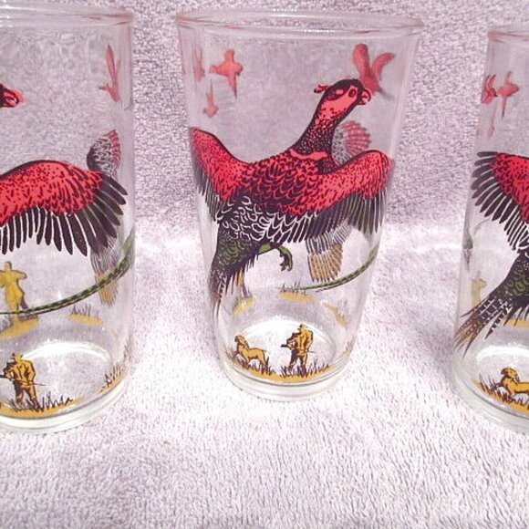 1950s Vtg Hazel Atlas Hunting Pheasant Glasses Highball Drinking Set Of 4 MCM - Picture 3 of 12